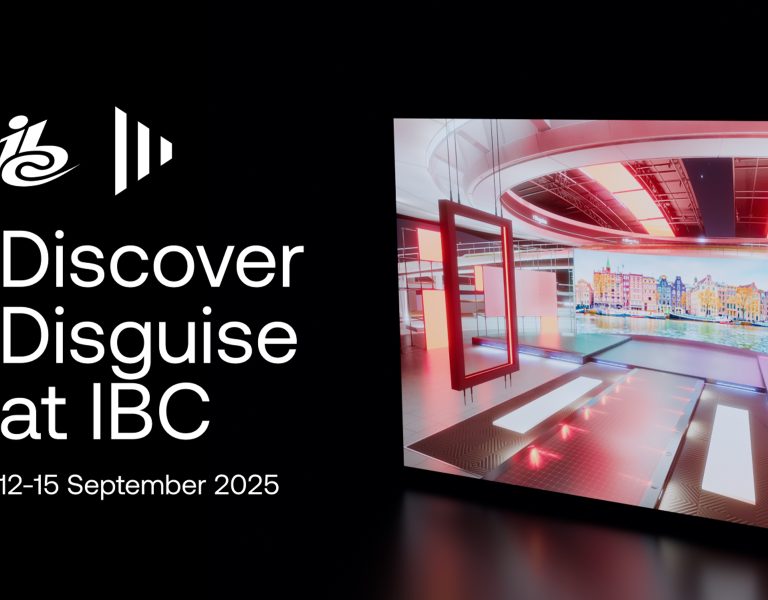 A view of a screen with words next to it saying "Discover Disguise at IBC"